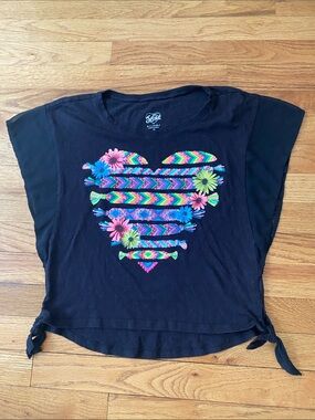 Justice Black Tie Tee with Neon Chevron Heart and Floral Detail